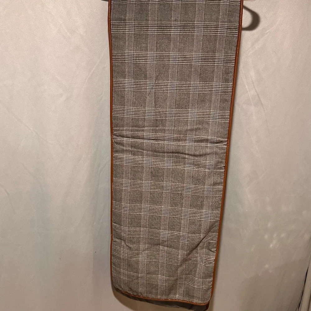 Black and White Glen Plaid Table Runner with Faux Leather Brown Trim-13 x 48